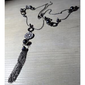 Lia Sophia Black Statement Necklace 14" Chain 5" Pendant Flapper Style Jewelry